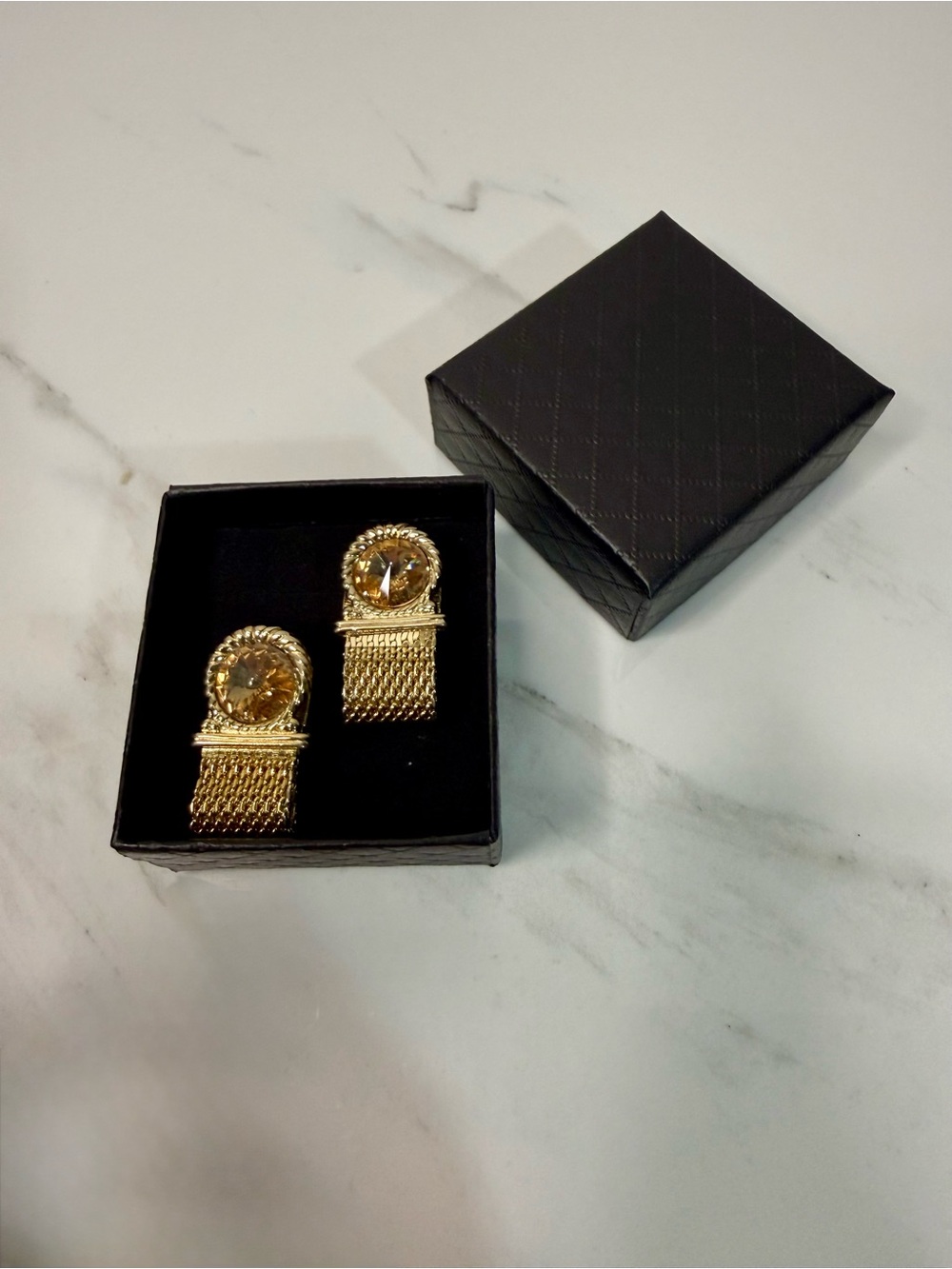 Gold Tone Mesh Cufflinks with Faceted Crystal Accent - Picture 10 of 10